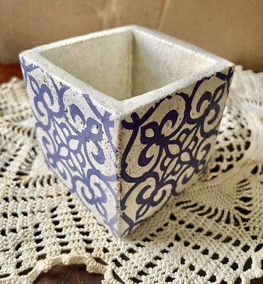 Art Studio Pottery Uneven Square Cube Pot Planter-Blue White MCM. Only One.-image