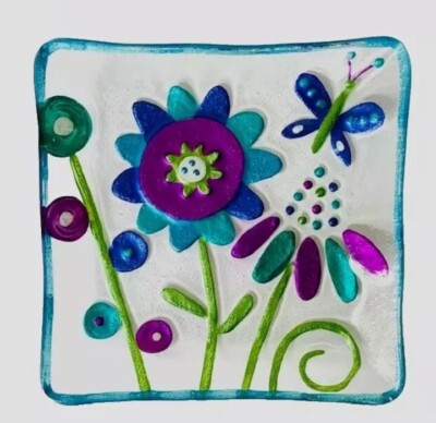 Silvestri Glass Fused Flowers Square Plate Dragonfly Whimsy Colorful 7.5” Dish-image