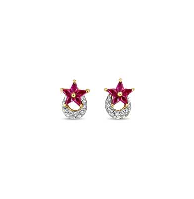 Briolette Ruby Star Shaped & Diamond Pave Crescent Studs 14k Yellow Gol-image