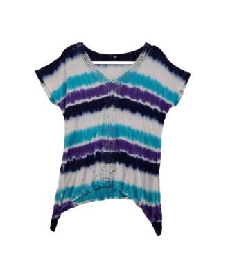 Dip Dye V-neck Shirt Flowy Turquoise Purple Blue White Short Sleeve Lee-image