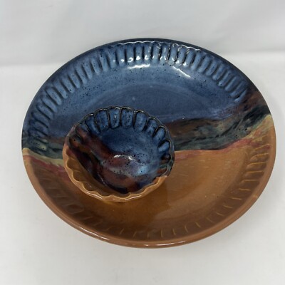 Drip Glaze Studio Pottery Hand Thrown Large Always Azul Chip Dip Dish Colorado-image