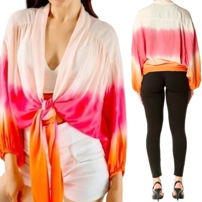 Young Fabulous & Broke Tie Front Top Ombré Dip Dye Pattern Pink Orange Womens L-image