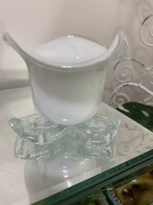 Hand blown white studio art glass w/ flower leaf base, trinket/votive/candy dish-image