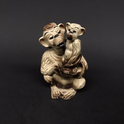 Vintage Chimpanzee Monkey Mom and Baby Salt Pepper Shakers Ceramic Arts Studio-image
