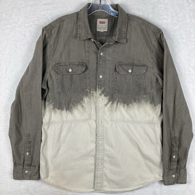 Levis Mens L Gray Bleach Dipped Tie Dye Denim Long Sleeve Country Western Shirt-image