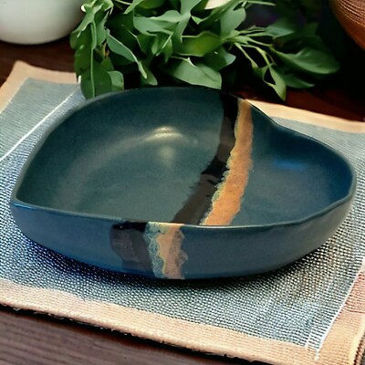 VTG 1980's Large Heart Shaped INDIGO Blue Art Studio Pottery Bowl-image