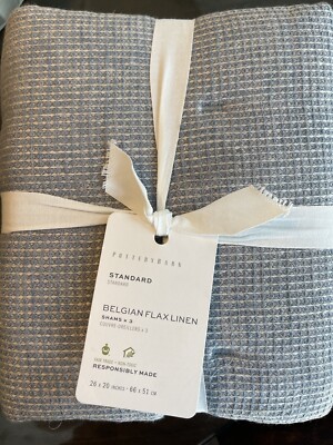 Set of (3) Pottery Barn European Flax Linen Waffle STANDARD Shams - Chambray NEW-image