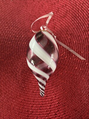 Teardrop Christmas Ornament Studio Art Blown Glass Purple and White 5”-image