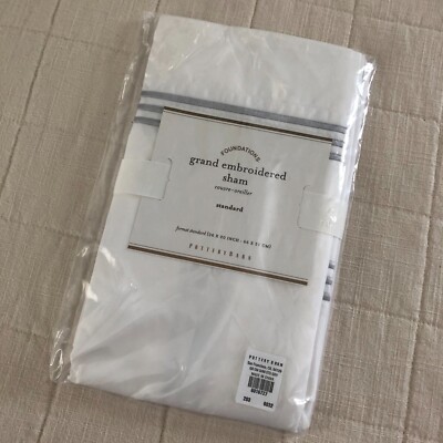 Pottery barn Grand Embroidered Sham Standard Gray Cotton White 280 thread NEW-image