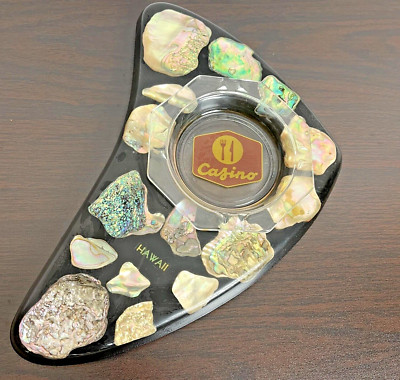 Vintage Lucite Abalone Shell Ashtray Set Atomic Black Hawaii USA Casino MCM-image