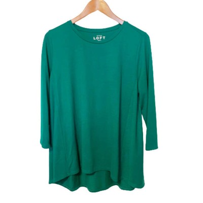 Ann Taylor L Stretch Knit Top Hunter Green Boat Neck Hi Lo Hem -image