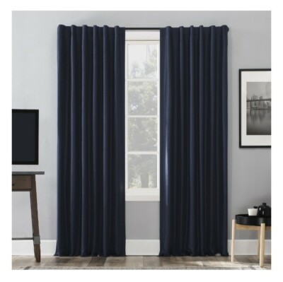 Sun Zero Navy Evelina Faux Dupioni Silk 100% Blackout Back Tab Curtain Panel-image