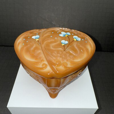 Fenton Chocolate Slag Glass Heart Shaped Trinket Box Signed-image