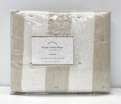 NEW Pottery Barn Striped Linen STANDARD Quilted Sham~Natural-image