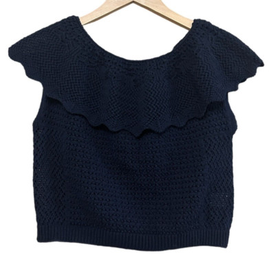 Cotton Crochet Top Sleeveless Crop Top Ruffle Neckline On Off Shoulder Navy Sz L-image