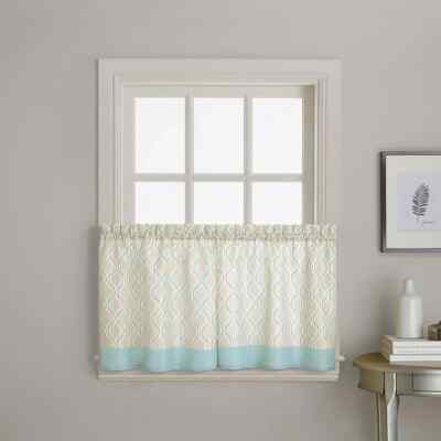 Morocco Ogee Print Valance 1 Tailored Tier Pair Curtain Collection, Blue 58