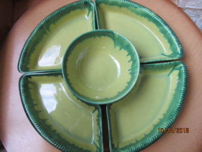 Vintage Antique 7 Pc Yellow Green Drip Ceramic Chip Dip Large Lazy Susan Set NIB-image