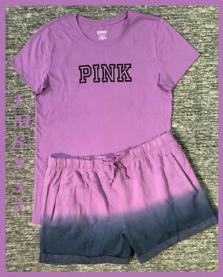 Victoria's Secret Pink Tee Shirt + Boyfriend Shorts Set Dip Dye Amethyst Coral L-image