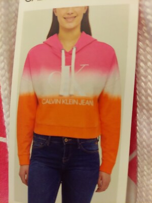 CK Calvin Klein Jeans Hoodie Sweatshirt Ombre Dip Dye Pink Orange Ladies' Sz  XL-image