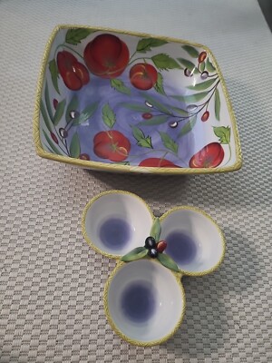 Clay Art Large Serving Bowl And Olive 3 Section Condiment Dish 17x17