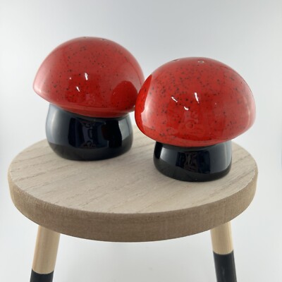 VTG Ceramic Mushroom Set Of 2 Black Red Sugar Spice Shaker 1972 Studio Hippie-image