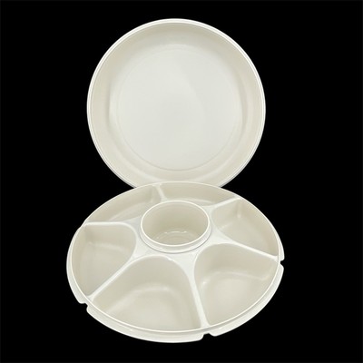Vintage Tupperware Divided Veggie Serving Tray #1665-4 Lid & Dip Bowl Almond/Tan-image