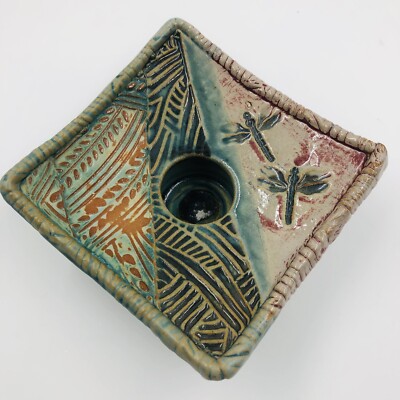 Studio Art Pottery Square Candle Holder Glazed Asian Desgn Dragonflies Boho-image