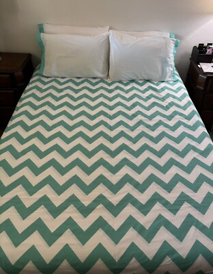 Pottery Barn Queen Duvet Cover W/4 Standard Shams/Cases Chevron Turquoise-image