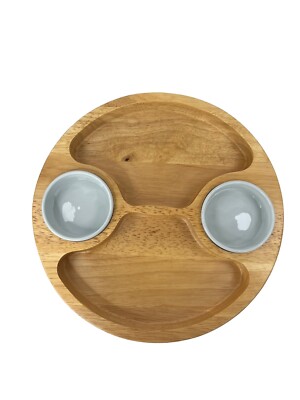 3-Piece Chip & Dip Server Set by Hometrends Wood Server and Porcelain Bowls-image