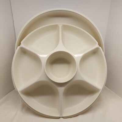 Vintage Tupperware #1665-4 Divided Party Tray & Lid W/ Dip Bowl  Platter Almond-image