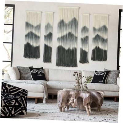  Large Macrame Wall Hanging 5Pcs Handmade Dip-Dyed Mountain Wall Decor black1-image