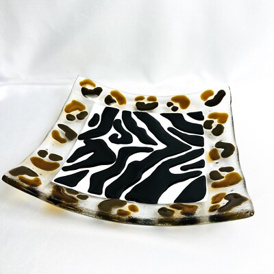 Fused Studio Art Glass Plate Animal Print Vintage Heavy Square Tray Earth Tones-image