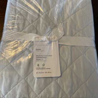 (3) Pottery Barn BELGIAN FLAX LINEN DIAMOND Euro Sham Set/3 Blue Frost NWT-image