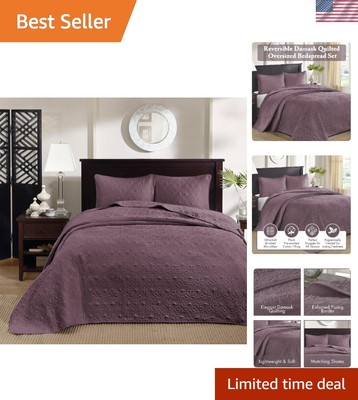 Oversized Reversible Coverlet Set with Classic Damask - Purple Queen Bedspread-image