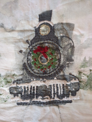 Pottery Barn Christmas Train Pillow Cover Embroidered Beads / Pearls Red Velvet -image