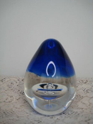  Studio Art Glass Egg Paperweight  Hand Blown Colorful cobalt blue drop of water-image