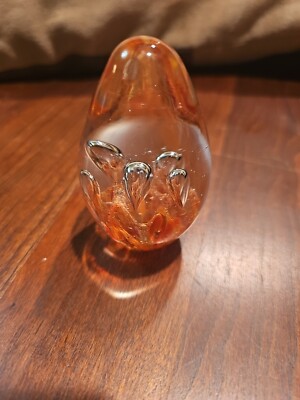 Studio Art Glass Paperweight Orange Wavy Oblong Shaped Controlled Bubbles-image
