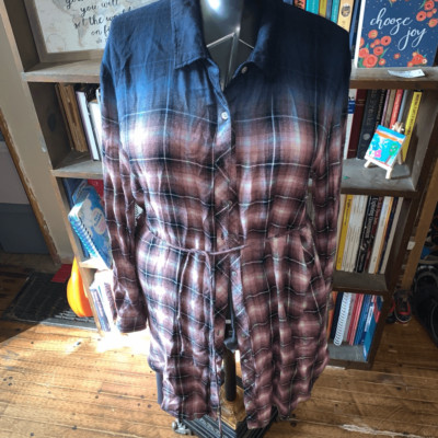 White Crow pink & blue plaid dipped button down L shirt dress-image
