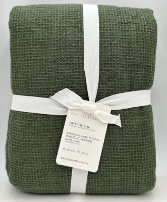 Pottery Barn European Flax Linen Waffle TWIN Duvet Cover ~ Cypress Green-image
