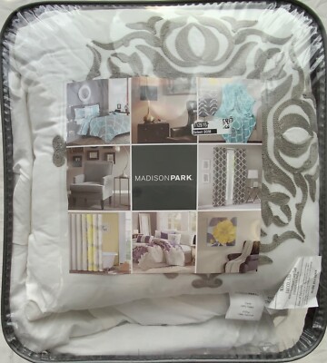 MADISON PARK ALICIA COTTON FULL/QUEEN 4 PIECE DUVET COVER SET GREY AND IVORY NIP-image