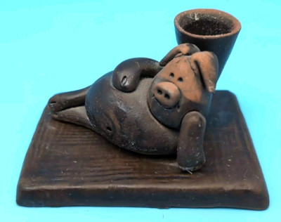 Vintage Studio Pottery Clay PIG Candle Holder Desk Pen Caddy CUTE Small-image