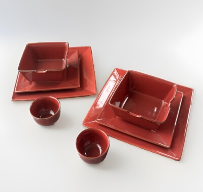 Pottery Barn Asian Square Place Setting Set Of 2 Paprika Red Japan-image