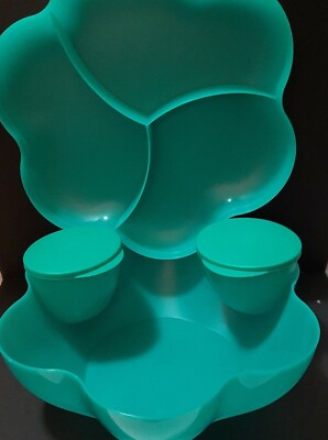 Tupperware Chip N Dip 4 Piece Set Large Teal Blue Green Divided Party Tray New-image