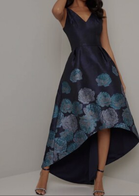 Chi Chi London - NWT SIZE 6 FLORAL PRINT DIP HEM DRESS With Pockets - Blue-image