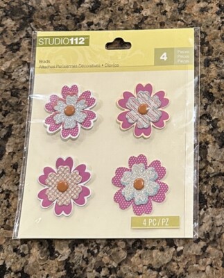 Studio112 Purple FLOWER Shaped Brads 4 Pieces Glitter Scrapbook Cards-image