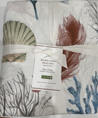 Pottery Barn Del Mar Coastal King Duvet Cover Beachy Sea Shell Coral Percale-image