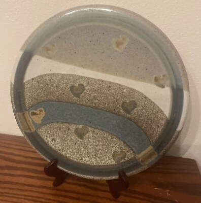Glazed Stoneware Art Studio Pottery Platter Plate Earth Tones Heart Signed-image