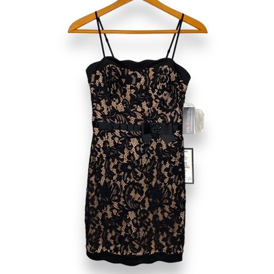 NWT CITY STUDIO women's champagne lace overlay satin cocktail dress SZ S-image