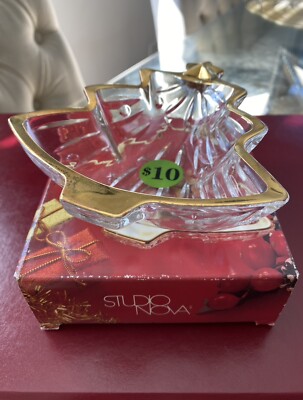STUDIO NOVA GOLD TRIMMED CHRISTMAS TREE SHAPED Glass CANDY DISH BOWL-image