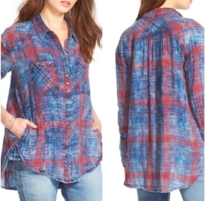 Free People Plaid Double Dip Dye Flannel Large Button Up Shirt Oversized Shirt-image